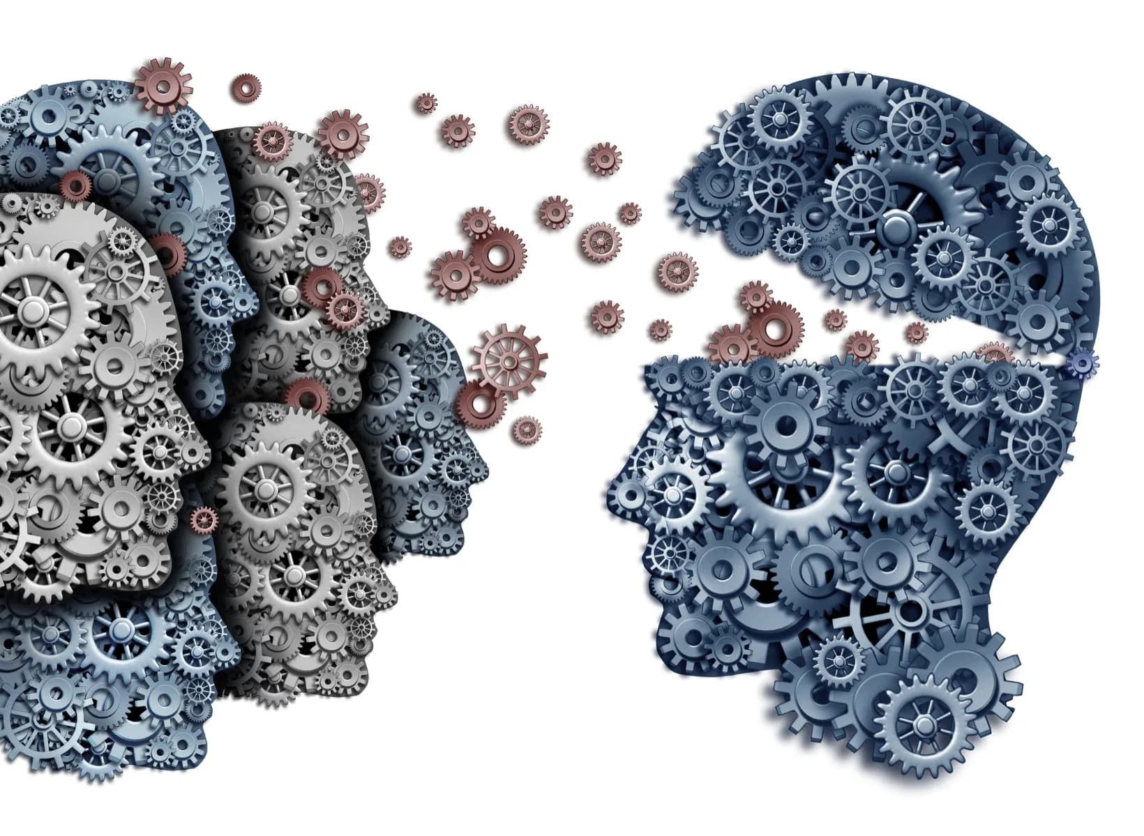A graphic of a head made of gears disseminating gears to a group of heads.