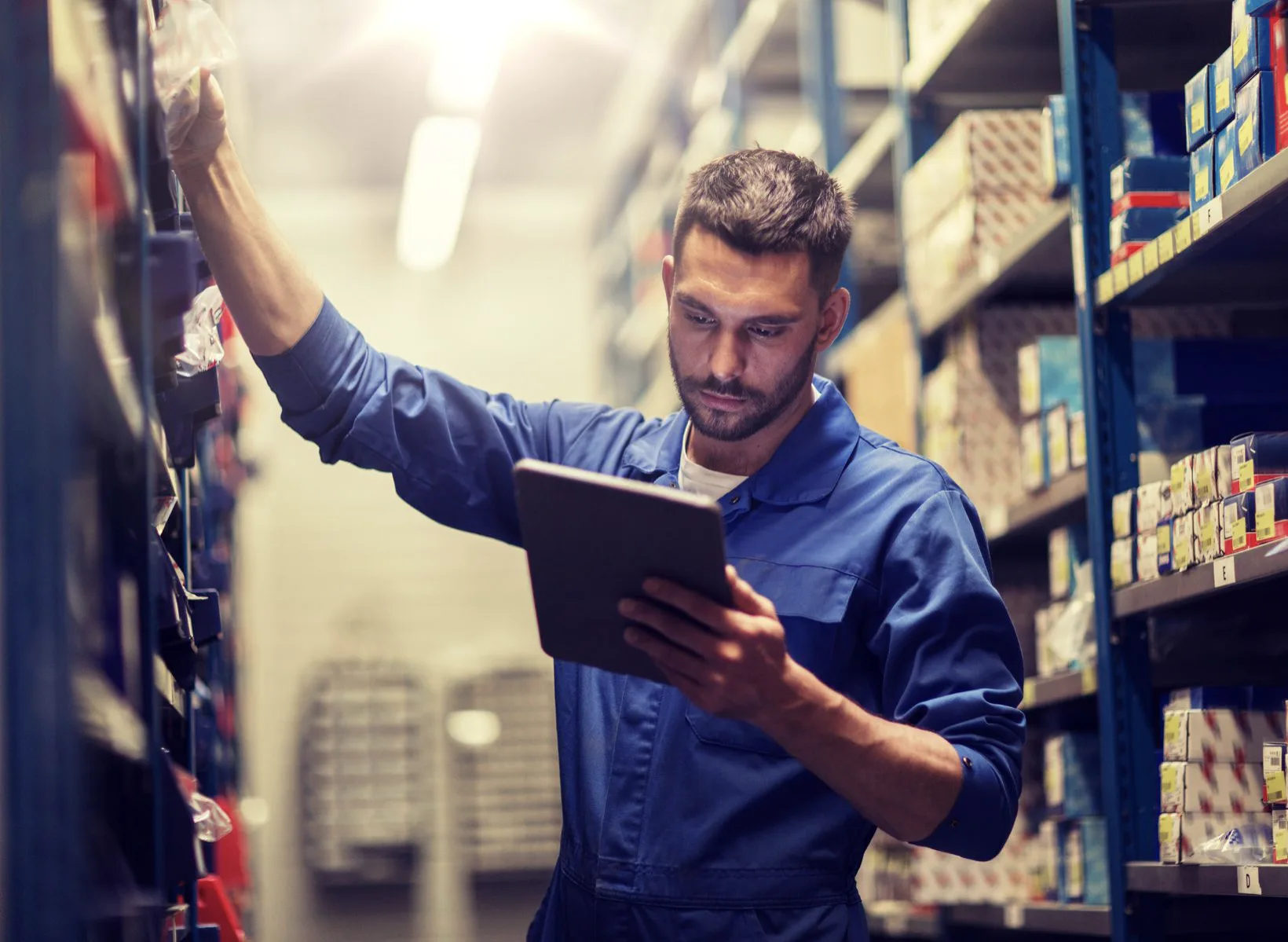 A technician looking up tablet press spare parts on a tablet in a warehouse.