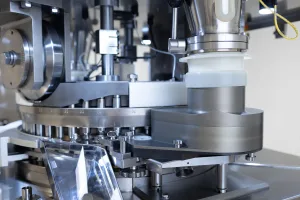 A close up shot of a Stokes rotary tablet press turret, tablet ejection chute, and feeder.