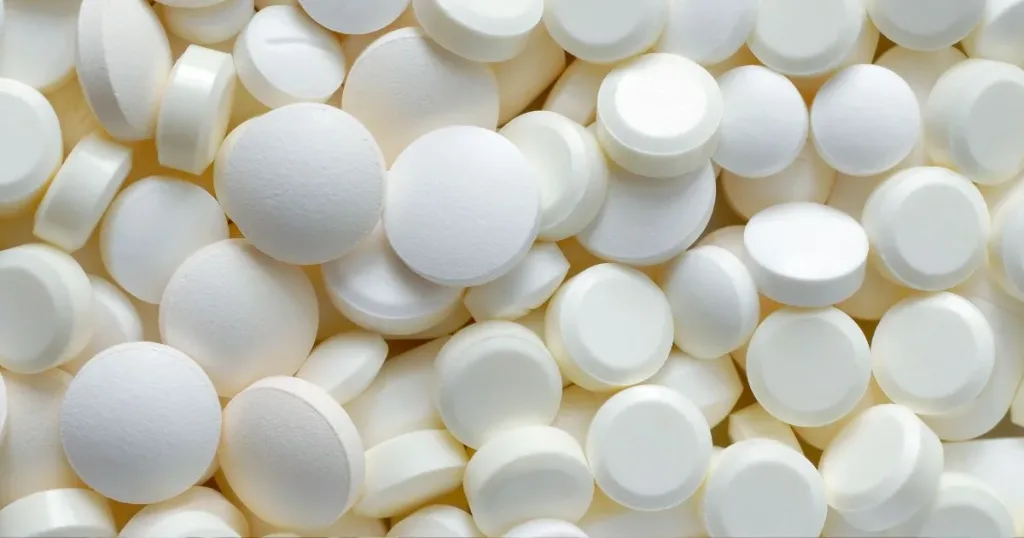 A close up shot of white round tablets with different sizes and embossings.