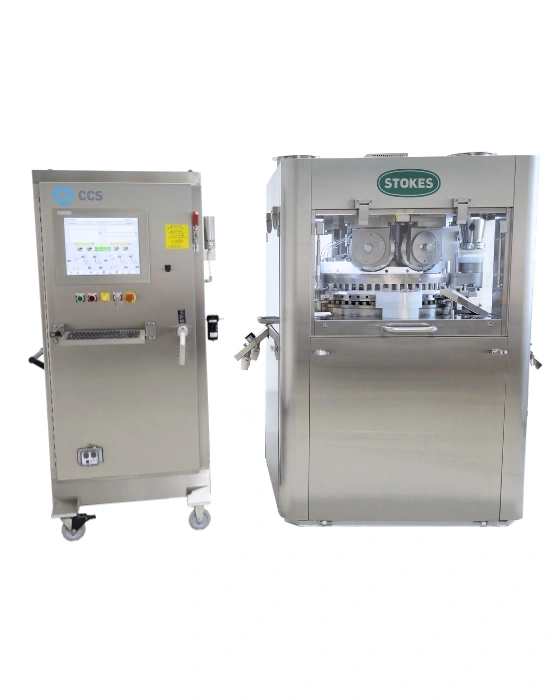 Stokes 720 rotary tablet press alongside a CCS control system.